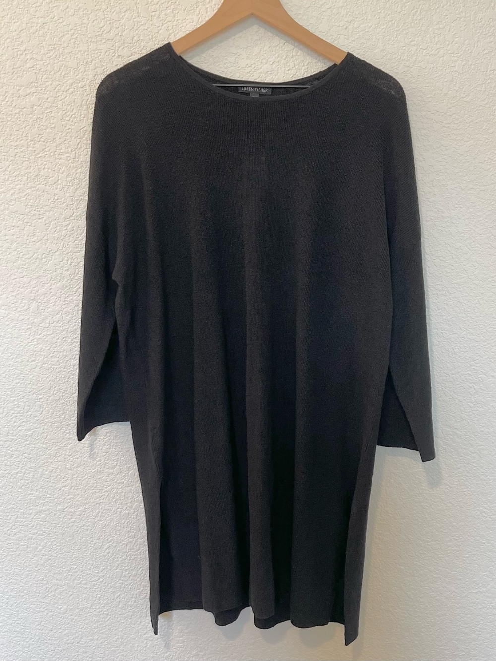 NWT Eileen Fisher Black Organic Linen Stretch Crepe Crew Neck Tunic Top- Large - Picture 2 of 10